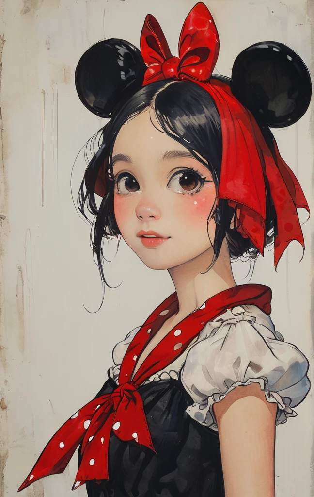 Beautiful woman in the same outfit as Minnie Mouse、smil、Dark hair、Black eyes、She wears a red ribbon with white polka dots on her head、The background is pop and cute...
