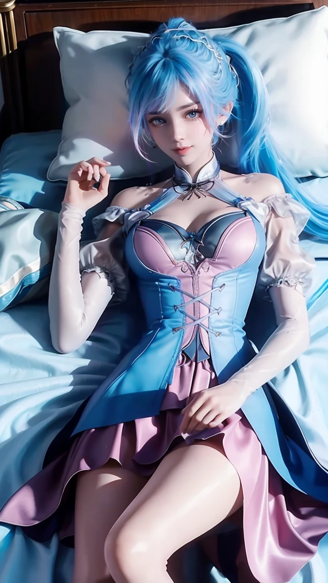 一个女孩Lying in bed,Dressed in suspender pajamas,Face up,Raise your legs slightly,Front view super detailed beautiful big breasted girl 16 years old. Ultra HD, 4K, 8K, Movie,whole body,Lying down,Long legs,Very big breasts,whole body捕捉,(((Lying in bed))),(((whole bodyLying in bed))),big bed,Off-shoulder,Shoulder-length skirt,Lying in bed,Sleeping on the pillow,Lying down,Headrest pillows,(((平Lying in bed))),whole body平Lying in bed,Double tail,Colored hair,Blue and Pink Ombre Hair