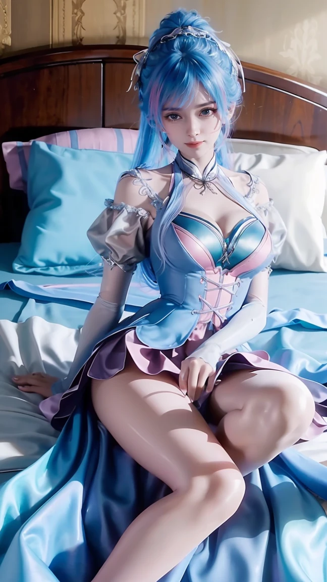 一个女孩Lying in bed，Dressed in suspender pajamas，Face up，Raise your legs slightly，Front view super detailed beautiful big breasted girl ************. Ultra HD, 4K, 8K, Movie，whole body，Lying down，Long legs，Very big breasts，whole body捕捉，（（（Lying in bed））），（（（whole bodyLying in bed））），big bed，Off-shoulder，Shoulder-length skirt，Lying in bed，Sleeping on the pillow，Lying down，Headrest pillows，（（（平Lying in bed））），whole body平Lying in bed，Double tail，Colored hair，Blue and Pink Ombre Hair