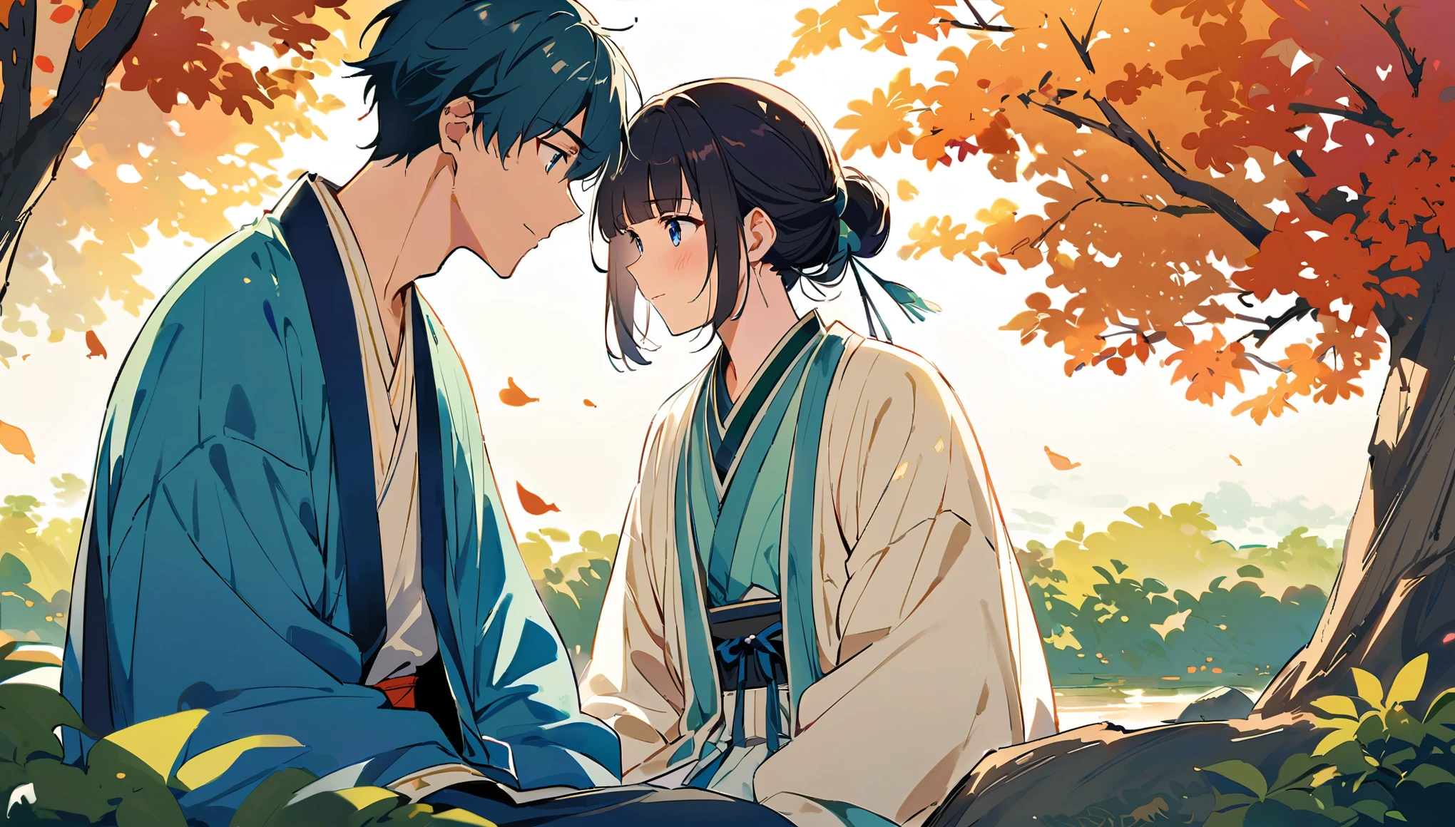 A scene from a TV series "Chinese fairy tales", It depicts two young men sitting on a rock under a tree., The white moonlight filtering through the leaves illuminates my face.、Looking at each other. The man is wearing traditional Hanfu.、My lover is wearing blue。 , They are looking into each other&#39;s eyes and smiling. A large full moon illuminates the nightscape behind them with bright stars. In front of the building there is a square with green plants.. In Chinese art style, A fusion of Chinese elements and fantasy, Cinematic lighting effects and high resolution. 