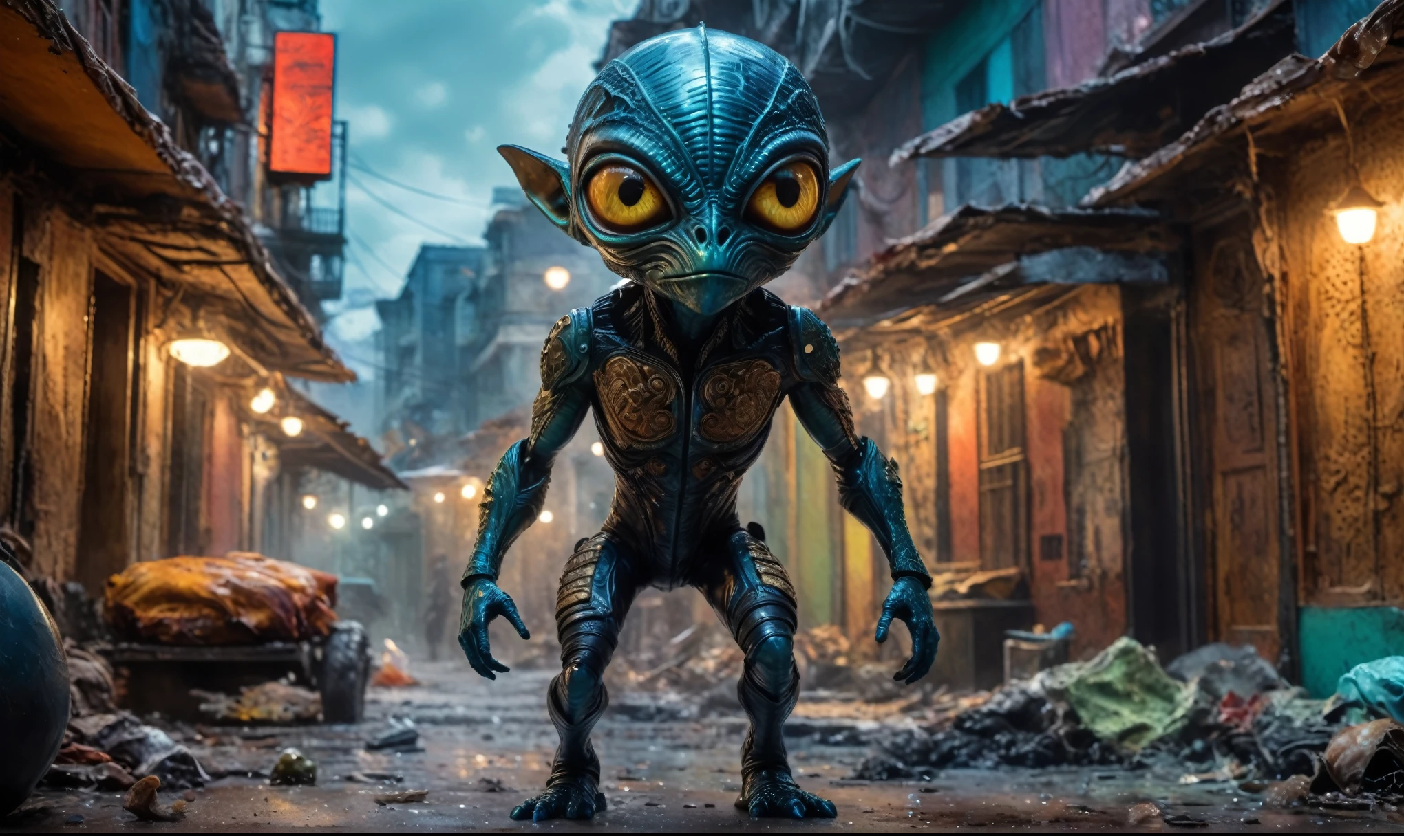 full-body-shot,niobium Manganite (The Alien Entity:Caribbean:0.5), wants eat,survival in criminal city of future,Cinematic,soft colors, Technicolor,natural skin textures, hyper realism, hyper detailed,Extremely detailed,High contrast,Masterpiece,Realistic,Ultra Detailed, intricate details,realistic humid leather,extremely intricate,Epic Realistic, cinematic style,irina yermolova,high contrast,HDR,extremely detailed, [deep night landscape],masterpiece,intricate details,faded,eyes extremely detailed, high detailed eyes,8k resolution,RAW,retina, Nikon Z9,Mestichino,Light particles,marble leather ,ink photography 