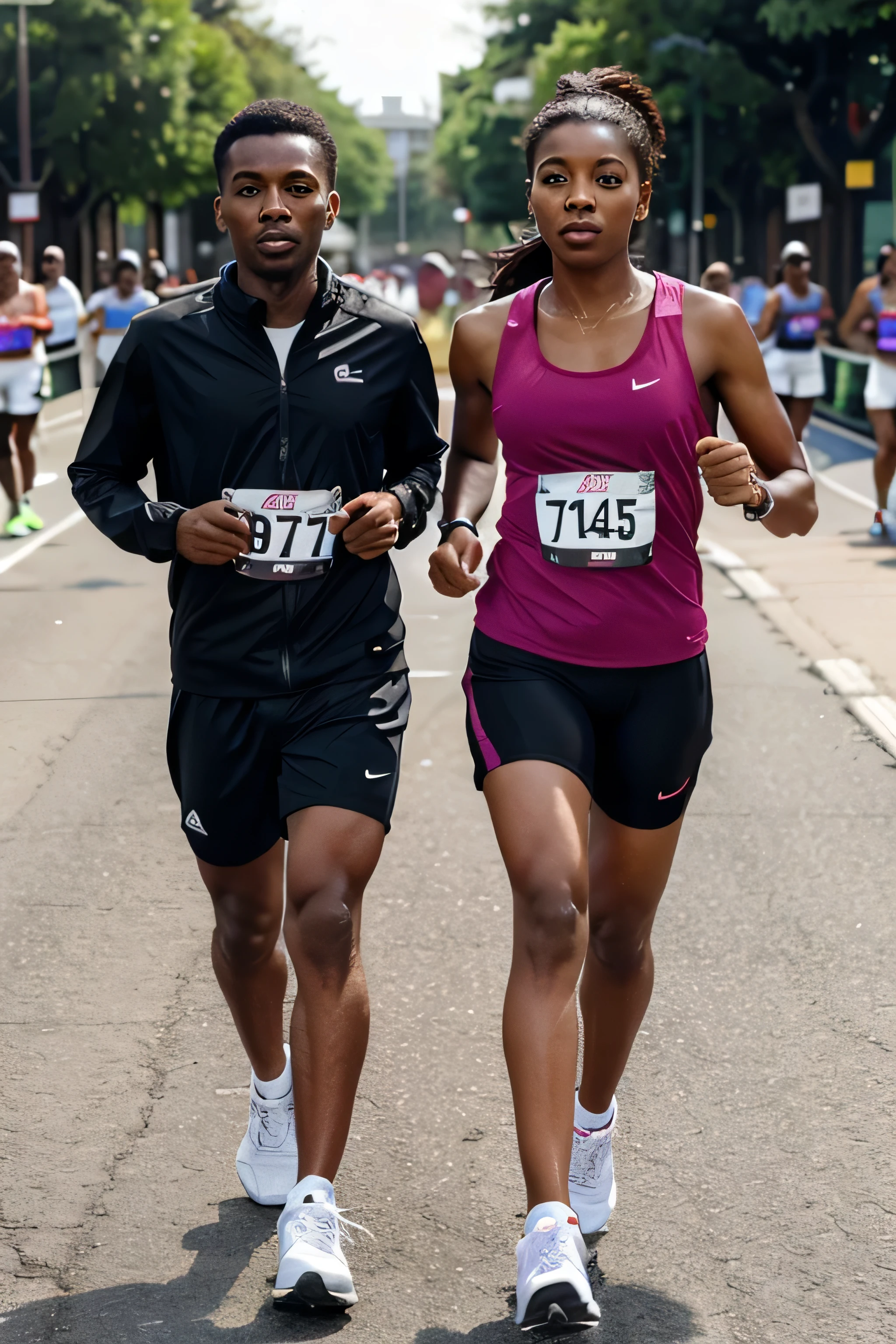 A male and female couple brown skin are taking part in a marathon race