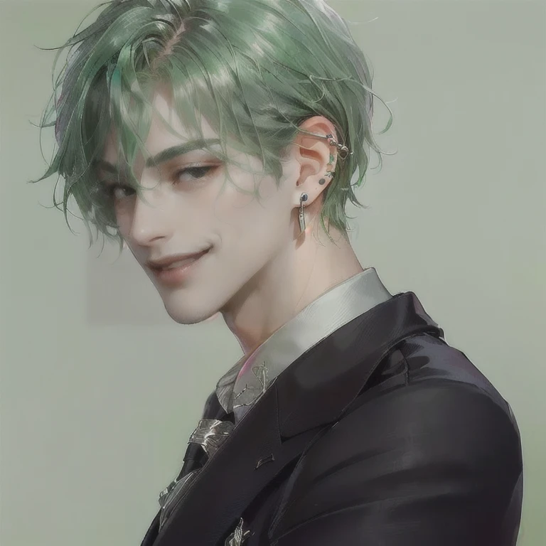 ((GREEN HAIR MESSY HAIR MAN))((BRIGHT VERY black EYES))((SEDUCTIVE PREDATORY EYES))((teeth, grin))((SEXY LOOKING FACE))((MATURE))((MATURE MALE OLD MALE))(((cocky)))(((LAWYER)))(((EARPIERCING FIX)))((BRIGHT LIVELY COLLORS))((OPEN MOUTH))(((BADASS SUIT)))((NICE BG))((OPEN MOUTH))(((black eyes n silver earrings))))(((slight cocky smirk)))