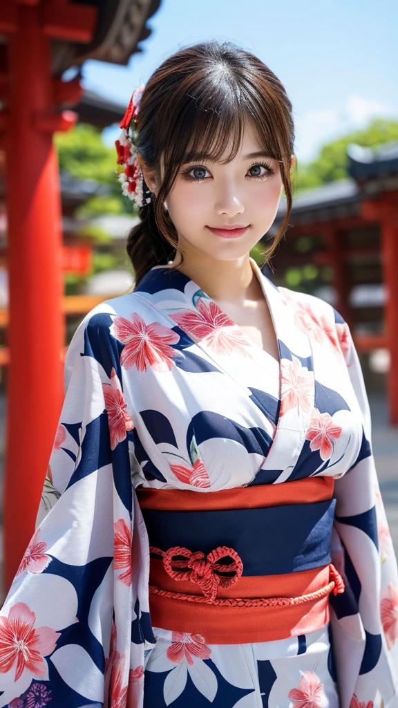 (8k、high resolution、High resolution、Fine details)Beautiful eyelashes、High resolutionの顔、Zoom out、18 years old、 Beautiful detailed eyes、Random cute hairstyles、c cup breasts、yukata、Summer festival、Japan、Standing posture、whole body