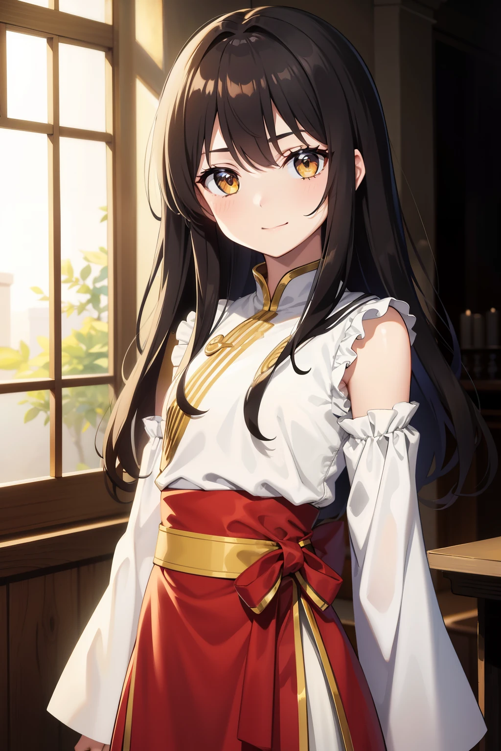 (high-quality, breathtaking),(expressive eyes, perfect face) portrait, 1female, girl, solo, , age 6, br hair, yellow coloured eyes, gentle smile, medium length hair, side bangs, curley hair, really spiky hair, looking at viewer, ancient greek clothes, black long sleeved tunic gold trim around edges and down middle, Greek, red and gold sash, simple background, slightly narrow eyes, childlike face, happy expression, clothes similar to Hypnos Saint Seiya, clothes similar to Alone Saint Seiya
