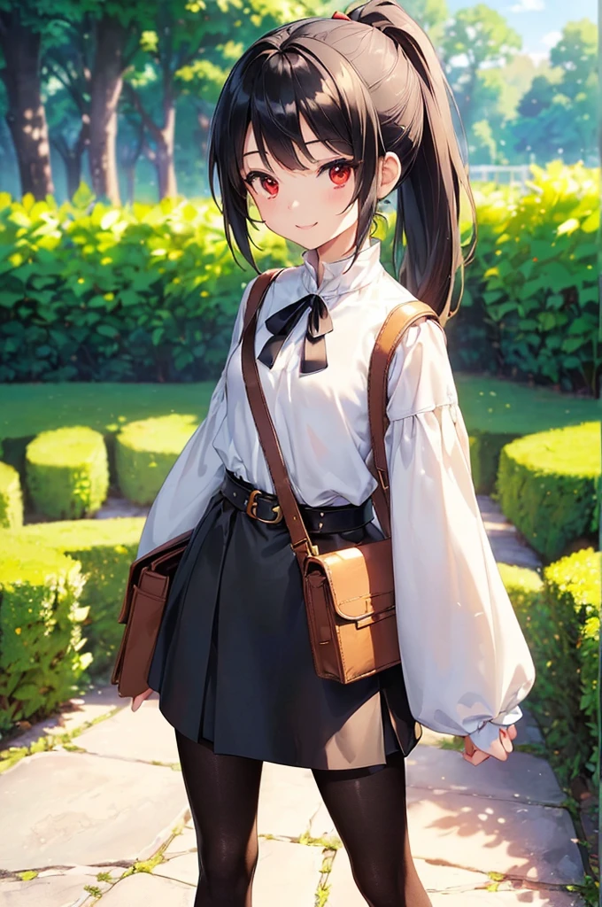 (masterpiece; best quality: 1.2), (finely detailed eyes: 1.3), ((10 year old female ???)), ((solo)), (red eyes: 1.4), (body; short, slender, small breasts: 1.3), (black hair in ponytail: 1.3), (beautiful and clear background: 1.2), ((depth of field)), (clothes: wanderer mage attire + white-and-gold wide-sleeve high-neck shirt + very long black skirt + dark pantyhose + belts + traveler pouches and satchel: 1.3), (anime illustration: 1.2), (background; garden exterior: 1.1), (extremely fine and beautiful: 1.1), (shot composition; standing + centered on torso + close-up: 1.5), (expression; calm, smile: 1.2)