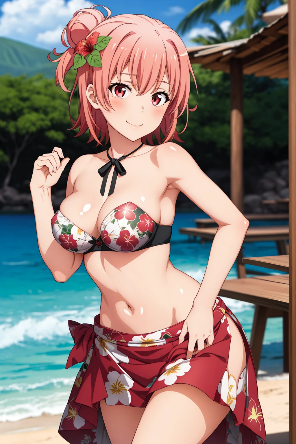 highest quality, High resolution, perfect pixel, Depth of the bounds written, 4k, beautiful anime girl, perfect body,
looking at the viewer,
Yuigahama Yui, 1 girl, short hair, pink hair, hair bun, pink eye,
large breast,
{{thick outline}}, {{black outline}}, {{game cg}}, {{vector trace}}, 1 girl, {{Hawaiian natives, hula dancer}},
dark skin,
{{{{hair ornament, hair hibiscus, flower neck garland, {{Hawaiian lei}}, tube top bra, flower print long skirt, bare foots}}}}, dancing, smile, teenage,
outdoor, {{Hawaii, beach}}, front view, facing the front, looking at viewer, from outside,
perfect anatomy, intricate, (highly detailed),
cowboy shot,