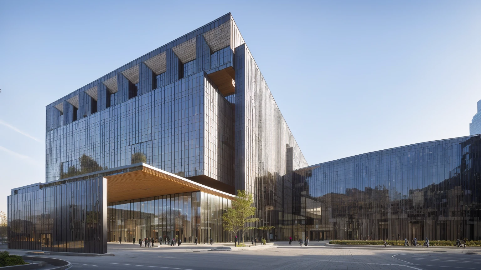arafed view of a modern building with a lot of windows, wide angle exterior 2022, foster and partners, no watermarks, inspired by David Chipperfield, riverside, office building, feng zhu |, jin shan, a middle-shot from front, building facing, modern technology building, research complex, medical research facility