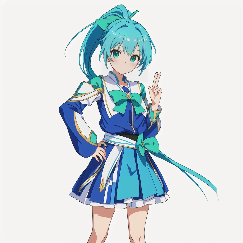 Highest quality, high resolution, High quality anime art style, Official Art, Smooth anime CG art, Stylized anime, Cute 3D anime girl render, Visual Novel Sprites, White background, whole body, Anime-style 3D, Smooth anime CG art, humanoid woman, JRPG Characters, Magical Girl Style, Anime woman in a blue dress with green ribbon, Turquoise Hair, ponytail, Neat hairstyle, tall, He holds a magic bow in his left hand., 20-year-old,