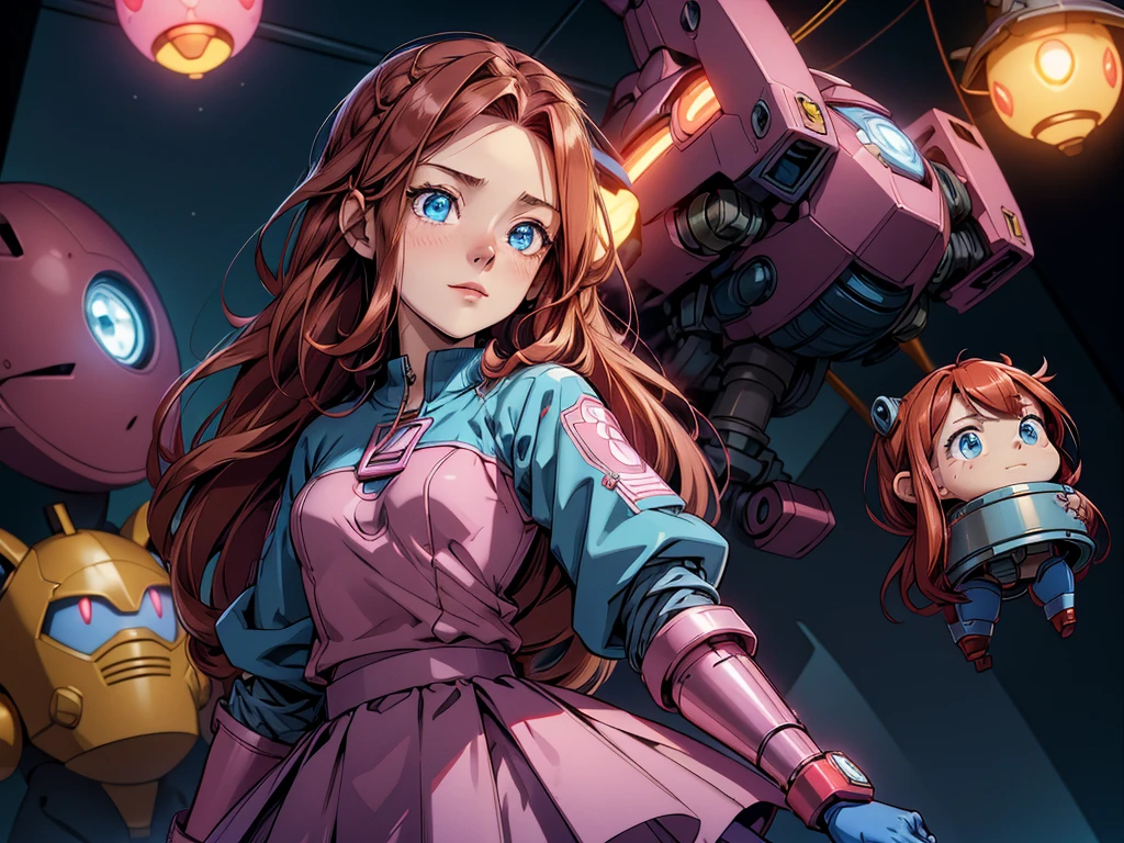 a girl and a (small flying robot) posing for the camera. she is a ((young girl)), slim, long red hair in layered braids, vibrant red hair. Blue eyes, narrow nose, (((detailed eyes))), round cheeks, full cheeks, youthful face, Soft jaw, round jaw, babyface, flat chest, tiny , bright smile, happy. Wearing a pink t-shirt under a light blue jacket, dark blue skirt, pink rimmed glasses, bows in her hair. technological gauntlets, she wears high tech wrist bands, blinking lights, shiny metal. The robot is spherical with a single red light in the middle, visible wires, dark metal, it hovers near her head. Good eyes. (best quality,4k,8k,highres,masterpiece:1.2), robot background, several robots stand or hover in the background.
