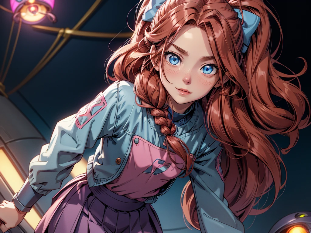 a girl and a (small flying robot) posing for the camera. she is a ((young girl)), slim, long red hair in layered braids, vibrant red hair. Blue eyes, narrow nose, (((detailed eyes))), round cheeks, full cheeks, youthful face, Soft jaw, round jaw, babyface, flat chest, tiny , bright smile, happy. Wearing a pink t-shirt under a light blue jacket, dark blue skirt, pink rimmed glasses, bows in her hair. technological gauntlets, she wears high tech wrist bands, blinking lights, shiny metal. The robot is spherical with a single red light in the middle, visible wires, dark metal, it hovers near her head. Good eyes. (best quality,4k,8k,highres,masterpiece:1.2), robot background, several robots stand or hover in the background.