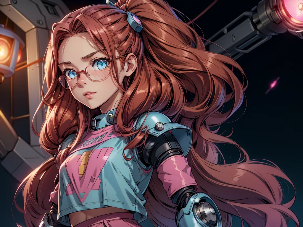 a girl and a (small flying robot) posing for the camera. she is a ((young girl)), slim, long red hair in layered braids, vibrant red hair. Blue eyes, narrow nose, (((detailed eyes))), round cheeks, full cheeks, youthful face, Soft jaw, round jaw, babyface, flat chest, tiny , bright smile, happy. Wearing a pink t-shirt under a light blue jacket, dark blue skirt, pink rimmed glasses, bows in her hair. technological gauntlets, she wears high tech wrist bands, blinking lights, shiny metal. The robot is spherical with a single red light in the middle, visible wires, dark metal, it hovers near her head. Good eyes. (best quality,4k,8k,highres,masterpiece:1.2), robot background, several robots stand or hover in the background.