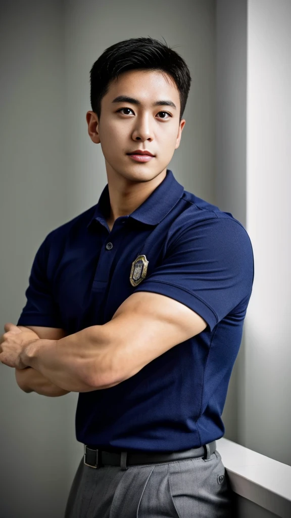A male police officer in his 20s poses for a group photo....., Wear a navy blue polo shirt......................., high resolution, Masterpiece, best quality, head:1.3,, Smooth and fine skin, clear focus, (movie light), during the night, gentle light, Dynamic angle, [:(detailed face:1.2):0.2],(((exercise))), sport, His arm muscles were very big.........., hand in crotch, in his office