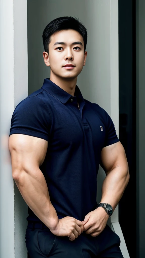 A male police officer in his 20s poses for a group photo....., Wear a navy blue polo shirt......................., high resolution, Masterpiece, best quality, head:1.3,, Smooth and fine skin, clear focus, (movie light), during the night, gentle light, Dynamic angle, [:(detailed face:1.2):0.2],(((exercise))), sport, His arm muscles were very big.........., hand in crotch, in his office