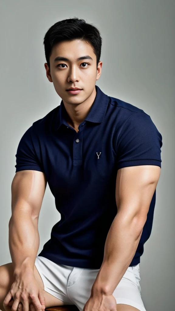 A male police officer in his 20s poses for a group photo....., Wear a navy blue polo shirt......................., high resolution, Masterpiece, best quality, head:1.3,, Smooth and fine skin, clear focus, (movie light), during the night, gentle light, Dynamic angle, [:(detailed face:1.2):0.2],(((exercise))), sport, His arm muscles were very big.........., hand in crotch, in his office