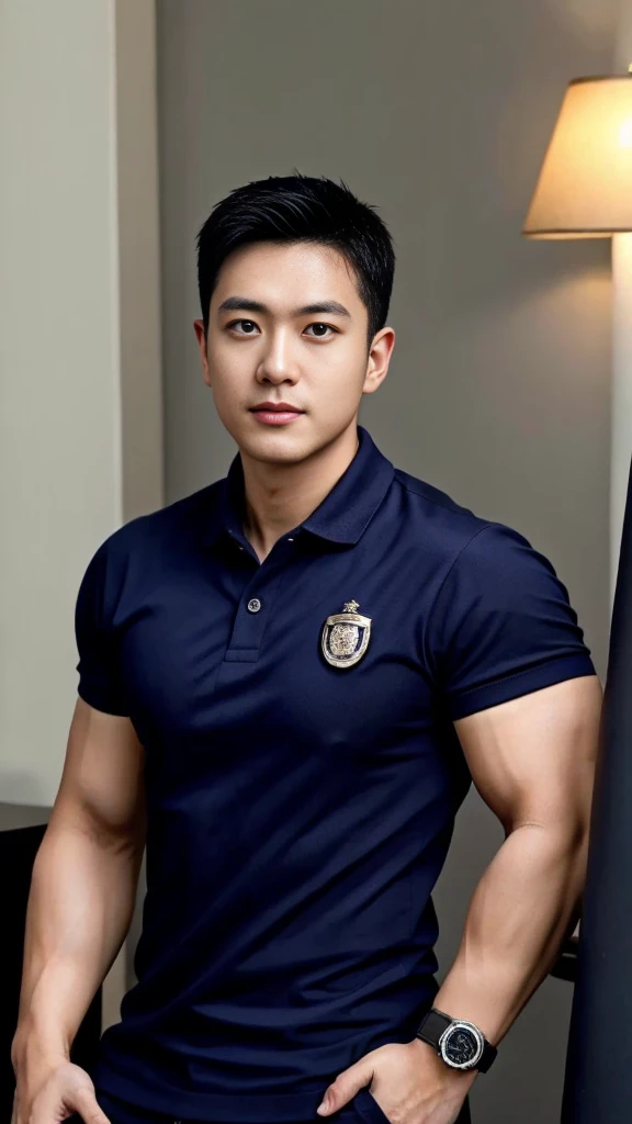 A male police officer in his 20s poses for a group photo....., Wear a navy blue polo shirt......................., high resolution, Masterpiece, best quality, head:1.3,, Smooth and fine skin, clear focus, (movie light), during the night, gentle light, Dynamic angle, [:(detailed face:1.2):0.2],(((exercise))), sport, His arm muscles were very big.........., hand in crotch, in his office