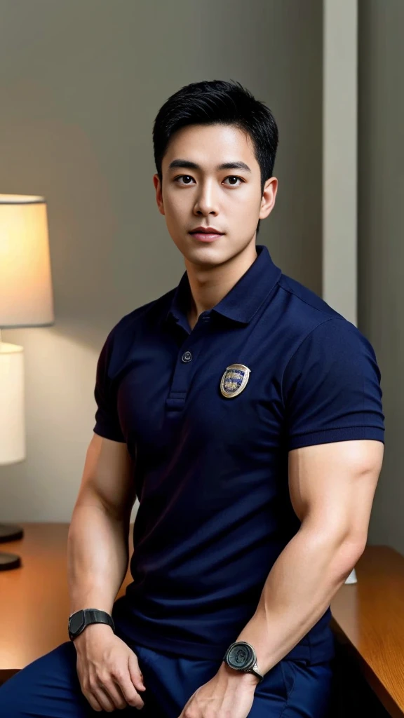 A male police officer in his 20s poses for a group photo....., Wear a navy blue polo shirt......................., high resolution, Masterpiece, best quality, head:1.3,, Smooth and fine skin, clear focus, (movie light), during the night, gentle light, Dynamic angle, [:(detailed face:1.2):0.2],(((exercise))), sport, His arm muscles were very big.........., hand in crotch, in his office