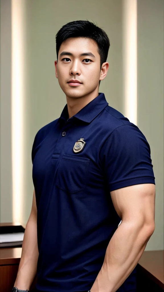 A male police officer in his 20s poses for a group photo....., Wear a navy blue polo shirt......................., high resolution, Masterpiece, best quality, head:1.3,, Smooth and fine skin, clear focus, (movie light), during the night, gentle light, Dynamic angle, [:(detailed face:1.2):0.2],(((exercise))), sport, His arm muscles were very big.........., hand in crotch, in his office