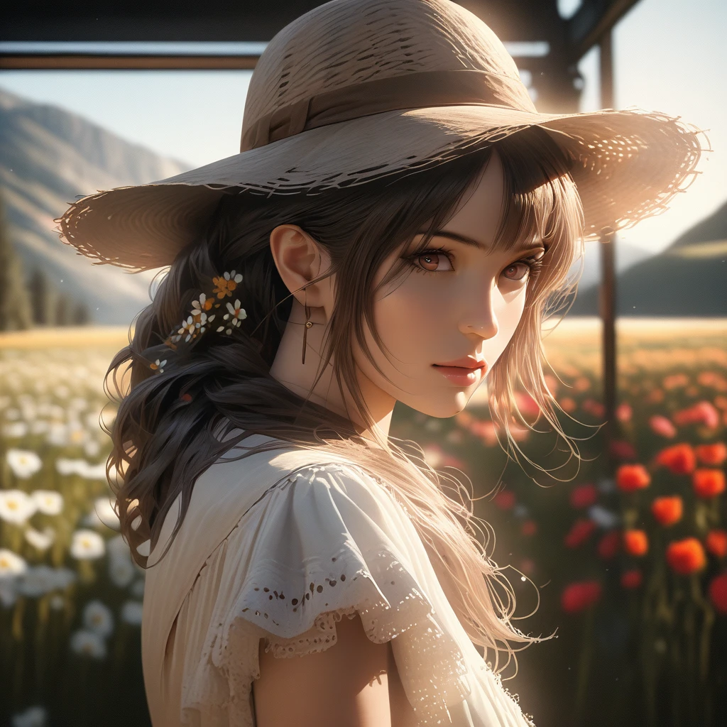 A young woman with long, flowing auburn hair, wearing a vintage floral dress, a straw hat, brown leather sandals, standing in a field of wildflowers, holding a book in her hand, beautiful detailed eyes, beautiful detailed lips, extremely detailed eyes and face, long eyelashes, (best quality, 4k, 8k, highres, masterpiece:1.2), ultra-detailed, (realistic, photorealistic, photo-realistic:1.37), HDR, UHD, studio lighting, ultra-fine painting, sharp focus, physically-based rendering, extreme detail description, professional, vivid colors, bokeh, landscape