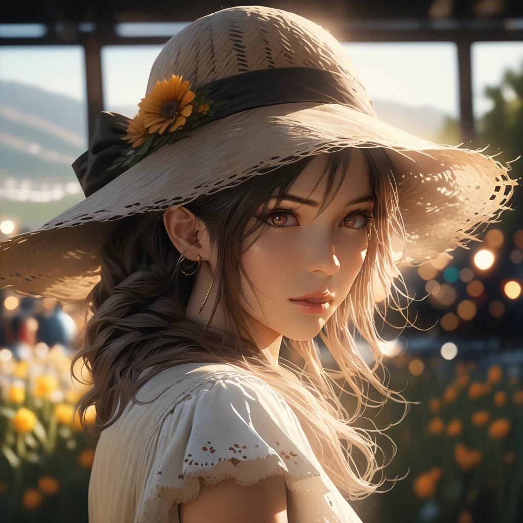 A young woman with long, flowing auburn hair, wearing a vintage floral dress, a straw hat, brown leather sandals, standing in a field of wildflowers, holding a book in her hand, beautiful detailed eyes, beautiful detailed lips, extremely detailed eyes and face, long eyelashes, (best quality, 4k, 8k, highres, masterpiece:1.2), ultra-detailed, (realistic, photorealistic, photo-realistic:1.37), HDR, UHD, studio lighting, ultra-fine painting, sharp focus, physically-based rendering, extreme detail description, professional, vivid colors, bokeh, landscape