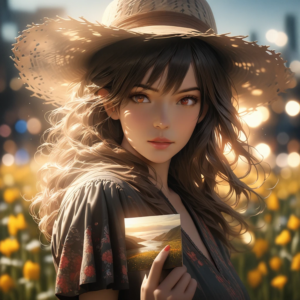 A young woman with long, flowing auburn hair, wearing a vintage floral dress, a straw hat, brown leather sandals, standing in a field of wildflowers, holding a book in her hand, beautiful detailed eyes, beautiful detailed lips, extremely detailed eyes and face, long eyelashes, (best quality, 4k, 8k, highres, masterpiece:1.2), ultra-detailed, (realistic, photorealistic, photo-realistic:1.37), HDR, UHD, studio lighting, ultra-fine painting, sharp focus, physically-based rendering, extreme detail description, professional, vivid colors, bokeh, landscape