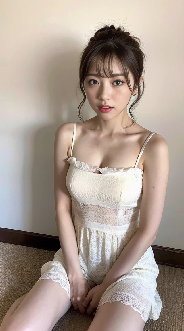 Dark brown hair、Light brown eyes、Japanese actress、 Lady、I am about 40 years old...、(Intricate details:1.2)、(Which is the top???:1.4)、 (Ultra-high resolution:1.2)、Ultra-high resolution、(Finely tuned)、(Detailed facial features)、Hmph、8K resolution、D cup size breasts、Long Hair、Updostyle, Updo、Hair Bun、1 Girl, Deep sorrowの表情, (Very detailed美しい顔), (camisole:1.5), (Bare shoulders:1.3), (Highest quality:1.4), (Very detailed)、Beautiful fair skin with transparency, Are sleeping、Sleeping on the floor、Top View、 Spread your legs wide, Open your mouth a little、Her legs are visible through the dress、Deep sorrow、Pose of Weakness、Obscene pose、White floor、White wall、The morning sun shines in、Sleep on your side。