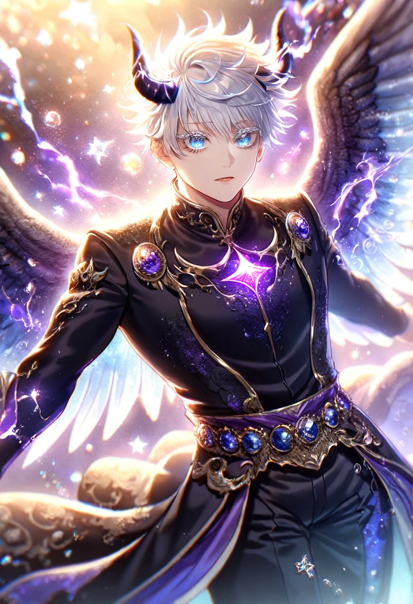 absurdres, highres, ultra detailed, HDR, master piece, best quality, delicated features, Gojo Satoru, white hair, with bangs, expressive blue eyes, white eyelashes, Jujutsu Kaisen, blue horns, wings, fantasy black prince clothes, solo, sexy man, handsome, fantasy magical background, sparkling, shining, purple lightning, floating round lights, starry, void