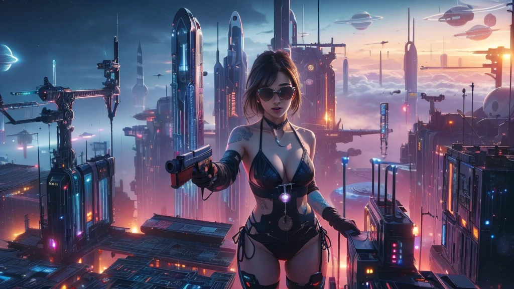 (((a medium-breast bikini slim GIRL with black (micro) sunglasses))), (((((aiming at viewer with a pistol))))), a balcony of a futuristic building, aerial view of an ultra-futuristic megalopolis, metal buildings and houses in dark colors from dark blue to black, shades of metal gray, smoky metal structures, industrial environment with smoke and fog around, dark cars on the streets, desert megalopolis, modern metal rails and trains passing through, tall futuristic metal buildings, ultra modern buildings, (((((futuristic space station))))), realistic, detailed, sci-fi.
