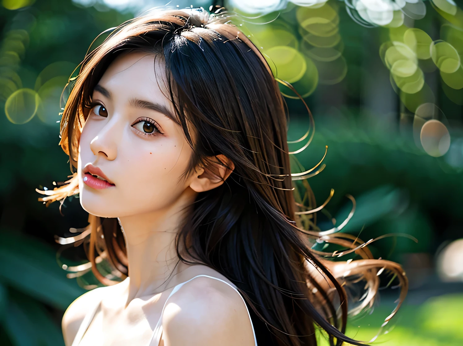 short black-brown hair，Beautiful and natural，The background is more advanced and beautiful., Make the background white, Long Hair, Brightens skin