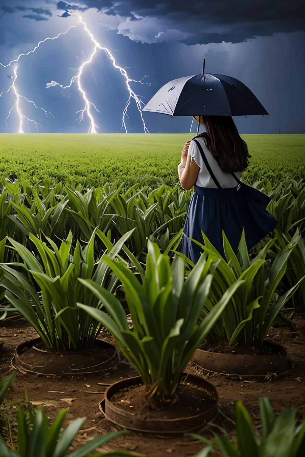 Create a 2D image of a girl in the field watching a plant grow while it rains with lightning Without an umbrella