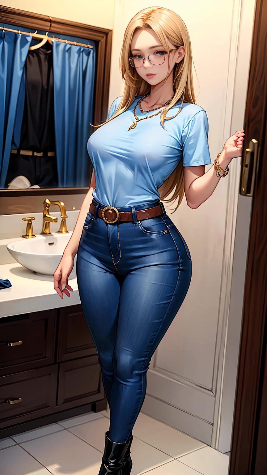 Beautiful girl with mid straight blond hair with blue eyes wearing Tight Jeans Shorts With Leather Belt, Blue Short Sleeves Secretary Shirt, luxurious jewelry and luxurious necklace, rimless glasses, high heel boots, standing in her changing room at night, (caucasian skin), (light brown lipstick), (elegant mascara), (slim body), (small breasts), (wide hips), midjourney, <lora:GoodHands-, <lora:GoodLegs-, UHD, high resolution, (masterpiece:1.9, best quality), (expressive eyes, perfect face, full body, expressive face, perfect body, perfect pussy, athletic, fit, slim body, blushing, Perfect makeup, eyeliner, beautiful eyelashes, smiling, horny face), ((best illumination, best shadows)), ((sexy pose))
