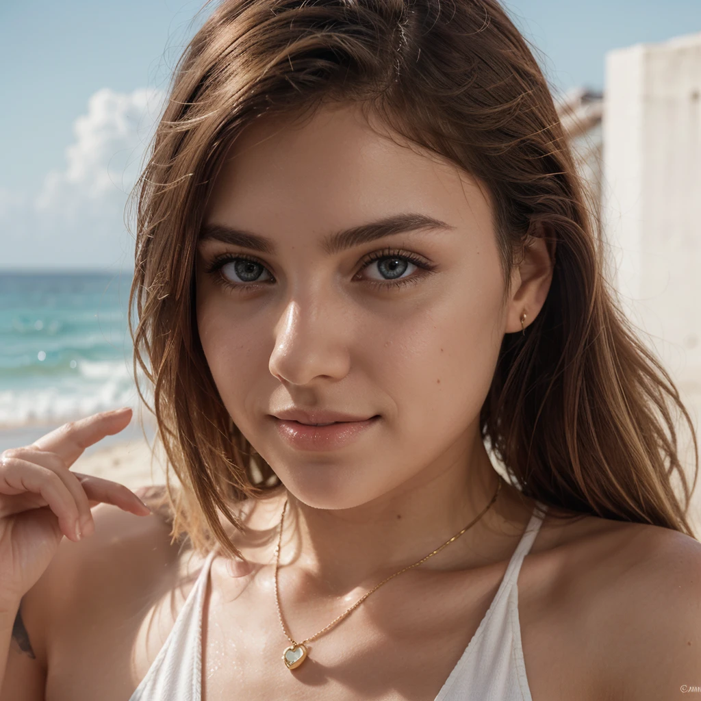 Beautiful and cute blonde in white dress, looking at the beach from an apartment balcony in Balneario Camboriu, , very detailled, 23 year old, inoccent face, Luiza Portes burguesia burguesa atanisio Jovem de 23 year old, 1,65 metros de altura, fair skin and light tan, giving it a healthy golden tone. The hair is very light blonde and highlighted, with a smooth and silky appearance. Hair length is long, passing through the shoulders, Lips are medium size and naturally pink. Eyes are large and expressive, light brown in color, and well-defined eyebrows, matching the natural color of the hair roots. slim waist and slim body 4K, charming smile, taken with Canon, 85mm, light depth of field, Kodak Vision Colors, perfectly fitted body, extremely detaild, photoshot_\(ultra\), photoshotrealisitic, realisitic, Post-processing, maximum details, roughness, real-life, ultrarealisitic, photoshotrrealismo, photoshot, 8k hd, photoshot