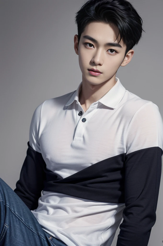 young korean man , 1 boy, white skin , Fine skin, 1 boy, ((realistic)), abdomen, good light quality, muscle veins, ((Pale skin)), football player, (Masterpiece, Special quality, high resolution, 8K, complicated:1.2), (detailed face:1.2), handsome, , Embossed, 1 boy,alone, look at viewer, Balancing the eyes, , (Make eye contact), , black polo shirt, With super tight navy blue jeans., big Embossed