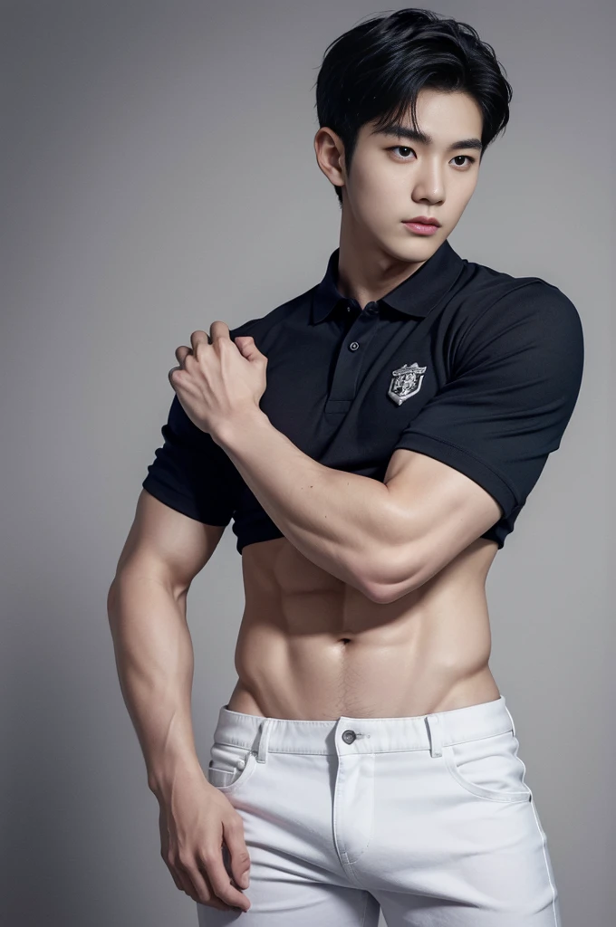 young korean man , 1 boy, white skin , Fine skin, 1 boy, ((realistic)), abdomen, good light quality, muscle veins, ((Pale skin)), football player, (Masterpiece, Special quality, high resolution, 8K, complicated:1.2), (detailed face:1.2), handsome, , Embossed, 1 boy,alone, look at viewer, Balancing the eyes, , (Make eye contact), , black polo shirt, With super tight navy blue jeans., big Embossed