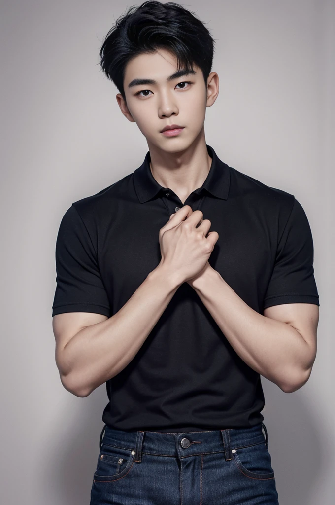 young korean man , 1 boy, white skin , Fine skin, 1 boy, ((realistic)), abdomen, good light quality, muscle veins, ((Pale skin)), football player, (Masterpiece, Special quality, high resolution, 8K, complicated:1.2), (detailed face:1.2), handsome, , Embossed, 1 boy,alone, look at viewer, Balancing the eyes, , (Make eye contact), , black polo shirt, With super tight navy blue jeans., big Embossed