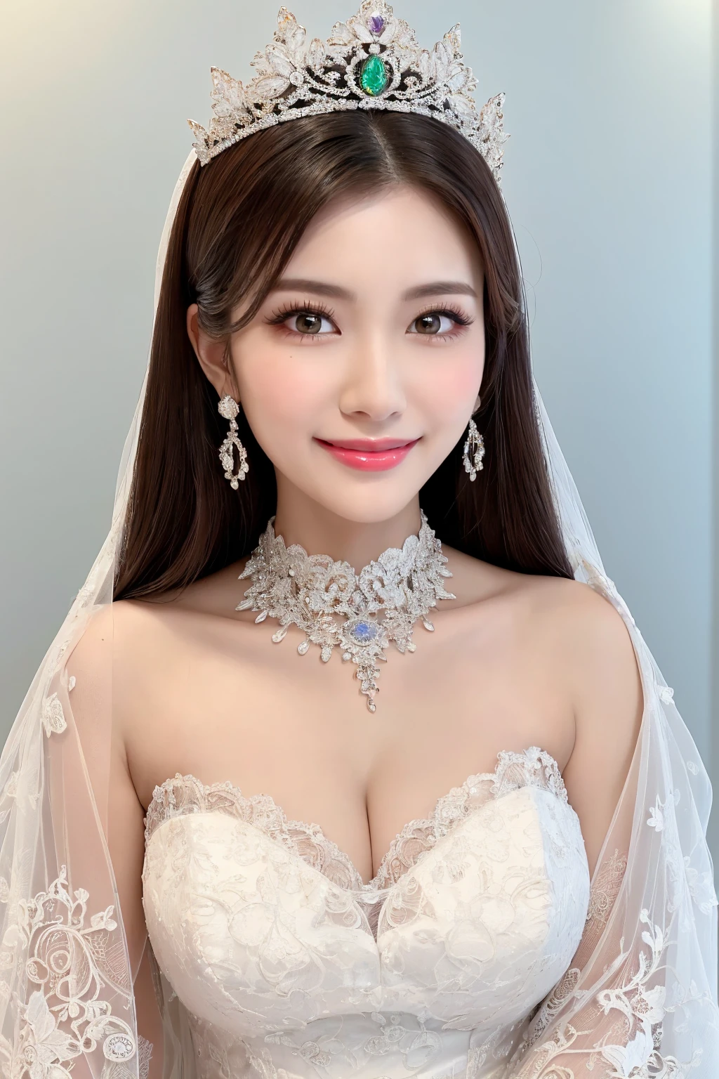 (Highest quality、Tabletop、8K、Best image quality、Award-winning works)、One beautiful bride、(alone:1.1)、(The most extravagant and gorgeous huge wedding dresses:1.1)、(Perfect Wedding Lace:1.2)、(The most extravagant and luxurious giant tiara:1.1)、(The most extravagant and luxurious giant necklace:1.1)、The most beautiful smile is looking at me、A wide selection of the finest jewellery、(Bridal upper body photo:1.1)、Perfect Makeup、Long eyelashes、Ultra HD Shining Eyes、Ultra HD Hair、Ultra-high resolution glossy lips、Ultra High Resolution Perfect Teeth、Super high resolution beautiful face、(Accurate anatomy:1.1)、(Very bright and beautiful skin:1.2)、(very bright and vivid:1.2)、(Blurred fresh natural background:1.1)