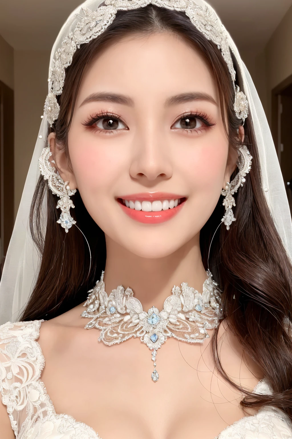 (Highest quality、Tabletop、8K、Best image quality、Award-winning works)、One beautiful bride、(alone:1.1)、(The most extravagant and gorgeous huge wedding dresses:1.1)、(Perfect Wedding Lace:1.2)、(The most extravagant and luxurious giant tiara:1.1)、(The most extravagant and luxurious giant necklace:1.1)、The most beautiful smile is looking at me、A wide selection of the finest jewellery、(Bridal upper body photo:1.1)、Perfect Makeup、Long eyelashes、Ultra HD Shining Eyes、Ultra HD Hair、Ultra-high resolution glossy lips、Ultra High Resolution Perfect Teeth、Super high resolution beautiful face、(Accurate anatomy:1.1)、(Very bright and beautiful skin:1.2)、(very bright and vivid:1.2)、(Blurred fresh natural background:1.1)