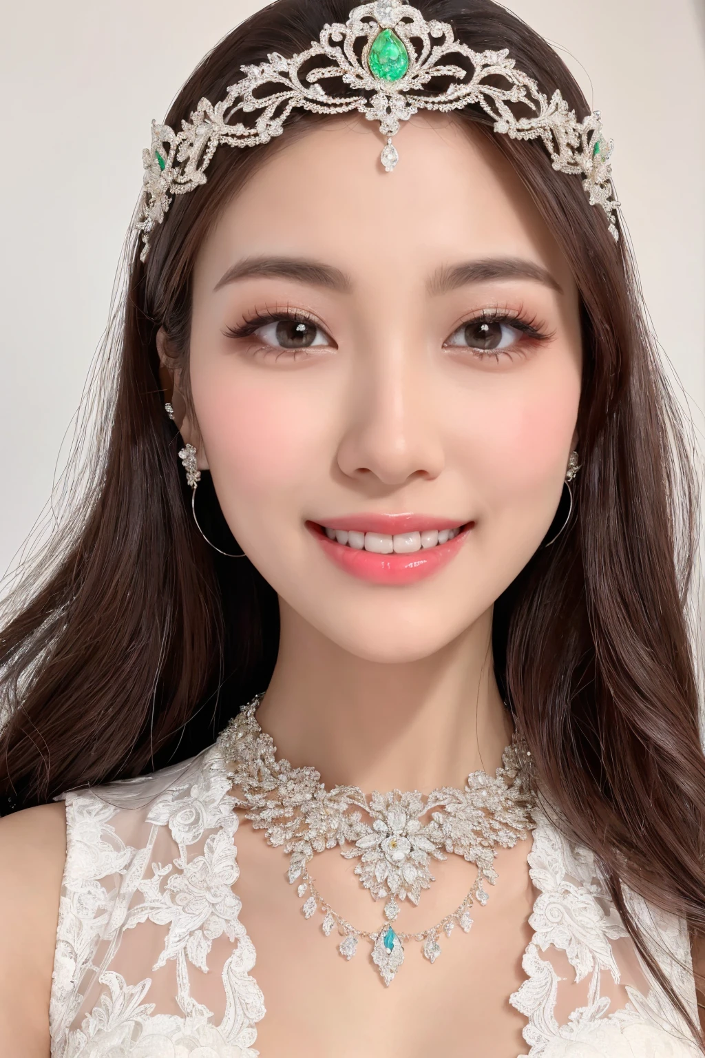 (Highest quality、Tabletop、8K、Best image quality、Award-winning works)、One beautiful bride、(alone:1.1)、(The most extravagant and gorgeous huge wedding dresses:1.1)、(Perfect Wedding Lace:1.2)、(The most extravagant and luxurious giant tiara:1.1)、(The most extravagant and luxurious giant necklace:1.1)、The most beautiful smile is looking at me、A wide selection of the finest jewellery、(Bridal upper body photo:1.1)、Perfect Makeup、Long eyelashes、Ultra HD Shining Eyes、Ultra HD Hair、Ultra-high resolution glossy lips、Ultra High Resolution Perfect Teeth、Super high resolution beautiful face、(Accurate anatomy:1.1)、(Very bright and beautiful skin:1.2)、(very bright and vivid:1.2)、(Blurred fresh natural background:1.1)