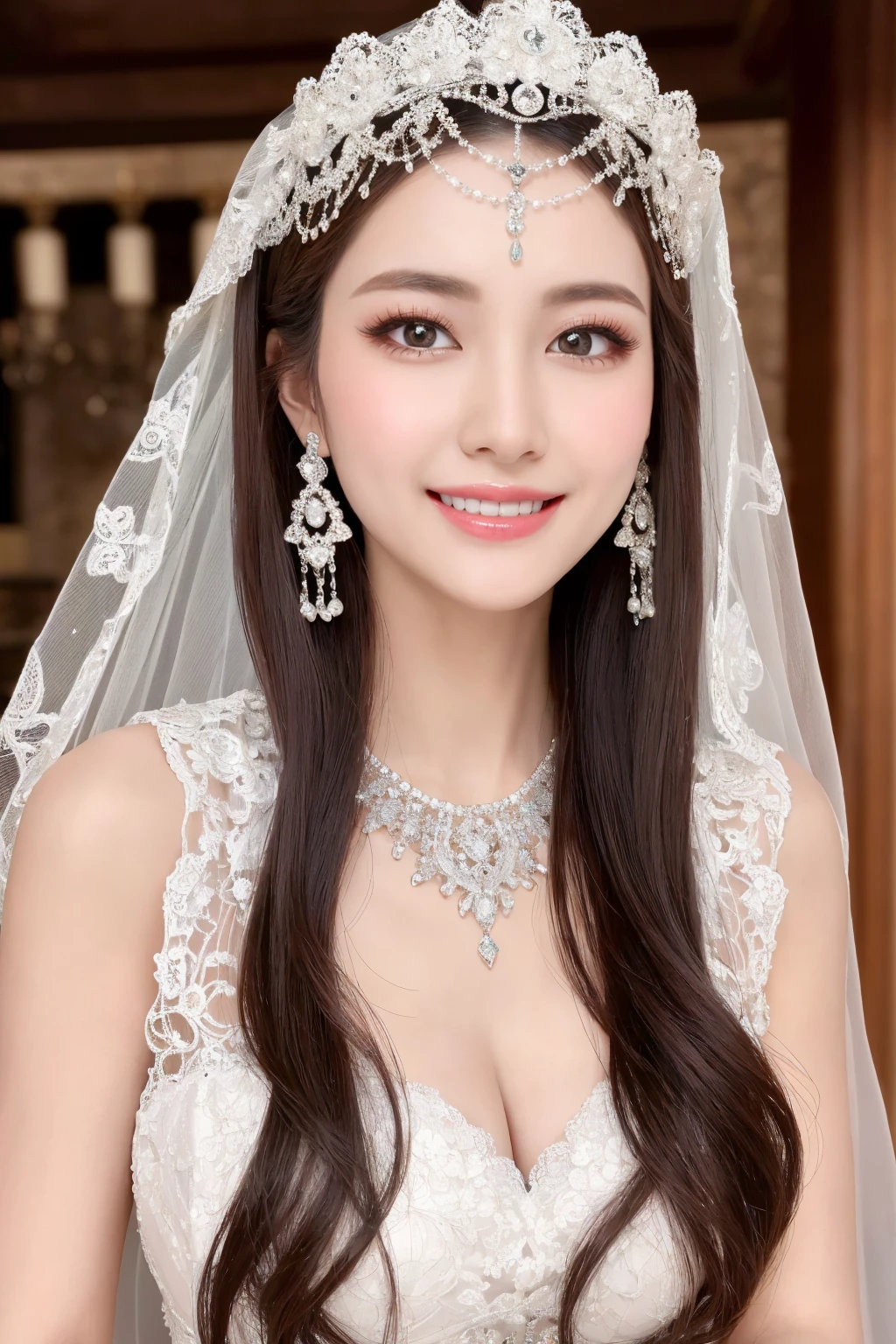 (Highest quality、Tabletop、8K、Best image quality、Award-winning works)、One beautiful bride、(alone:1.1)、(The most extravagant and gorgeous huge wedding dresses:1.1)、(Perfect Wedding Lace:1.2)、(The most extravagant and luxurious giant tiara:1.1)、(The most extravagant and luxurious giant necklace:1.1)、The most beautiful smile is looking at me、A wide selection of the finest jewellery、(Bridal upper body photo:1.1)、Perfect Makeup、Long eyelashes、Ultra HD Shining Eyes、Ultra HD Hair、Ultra-high resolution glossy lips、Ultra High Resolution Perfect Teeth、Super high resolution beautiful face、(Accurate anatomy:1.1)、(Very bright and beautiful skin:1.2)、(very bright and vivid:1.2)、(Blurred fresh natural background:1.1)