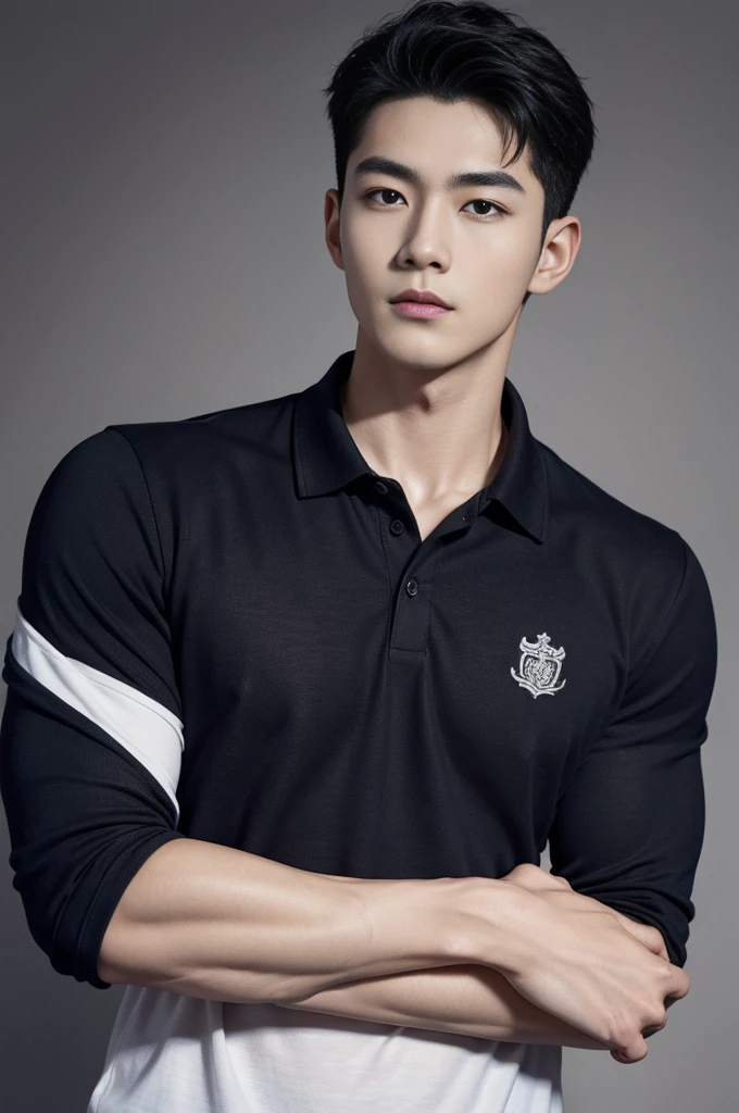 young korean man , 1 boy, white skin , Fine skin, 1 boy, ((realistic)), abdomen, good light quality, muscle veins, ((Pale skin)), football player, (Masterpiece, Special quality, high resolution, 8K, complicated:1.2), (detailed face:1.2), handsome, , Embossed, 1 boy,alone, look at viewer, Balancing the eyes, , (Make eye contact), , black polo shirt, With super tight navy blue jeans., big Embossed