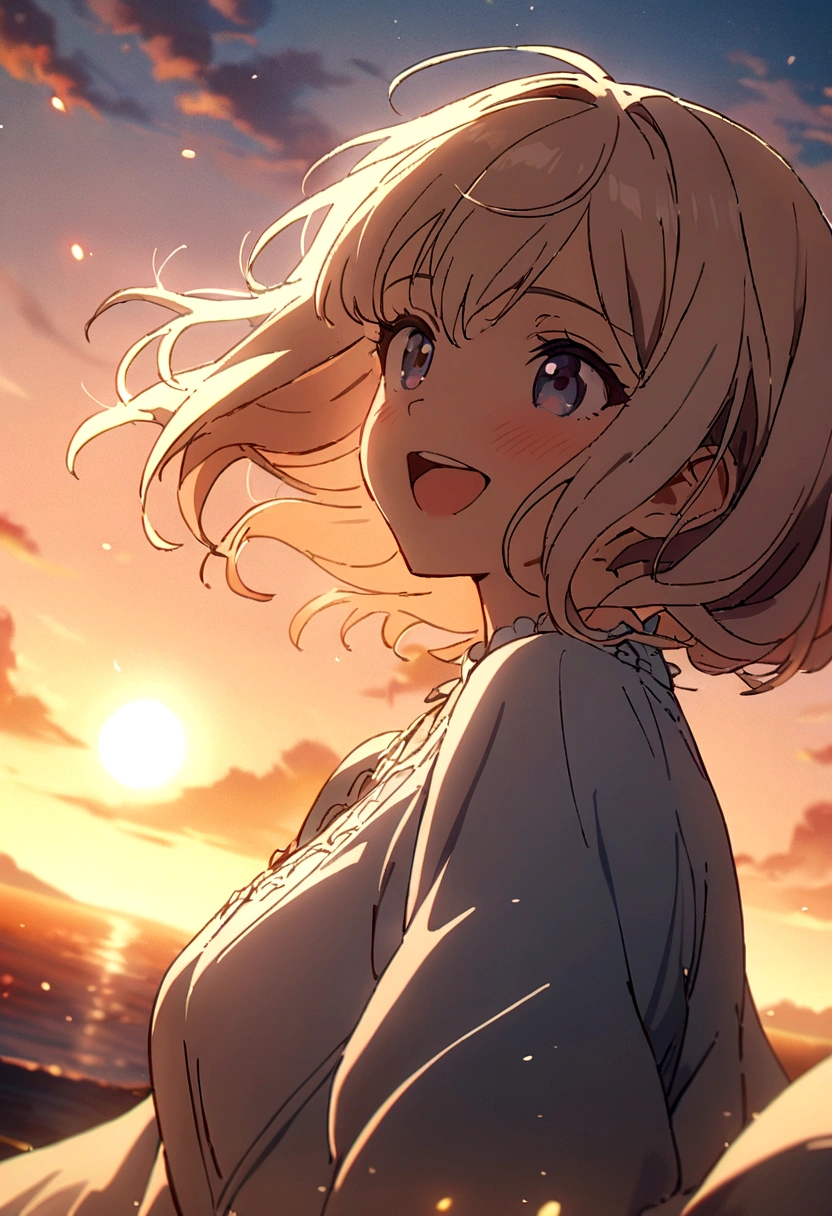 masterpiece, best quality, movie still, 1girl, cloud girl, floating in the sky, close-up, bright, happy, warm soft lighting, sunset, (sparks:0.7)