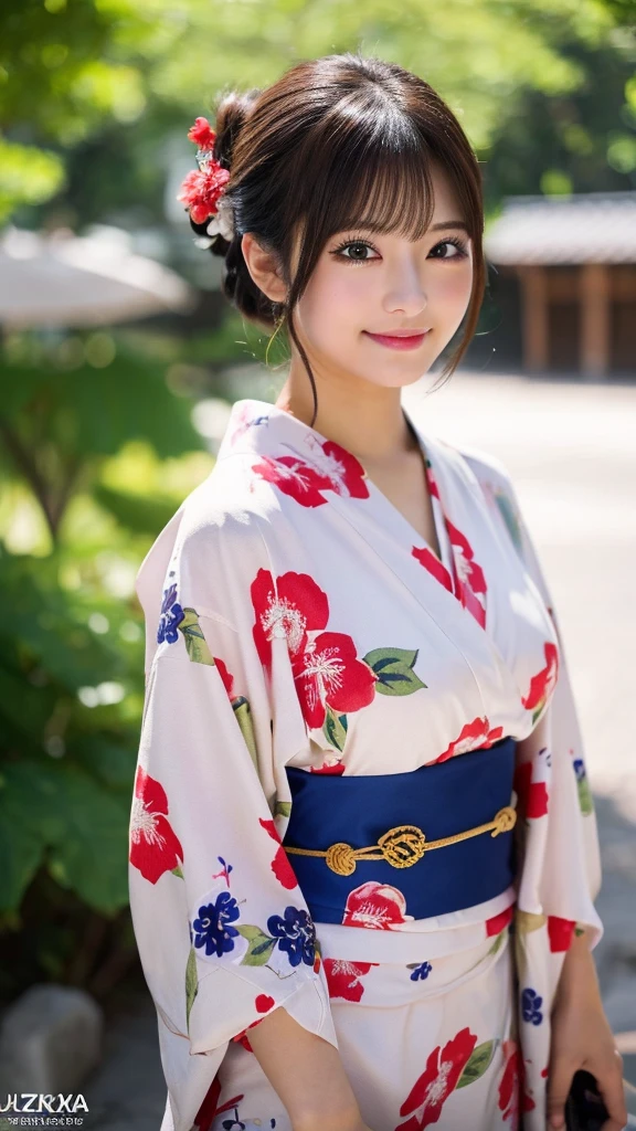 （8k、high resolution、High resolution、Fine details）Beautiful eyelashes、High resolutionの顔、Zoom out、18 years old、 Beautiful detailed eyes、Random cute hairstyles、c cup breasts、yukata、Summer festival、Japan、Standing posture、whole body