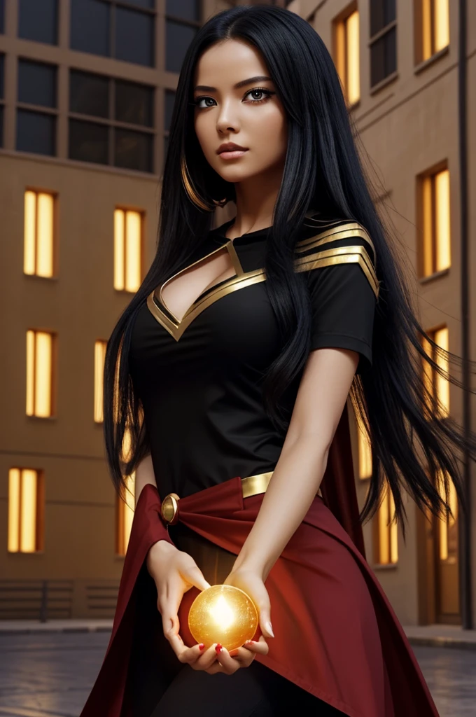 Screenshot,
My hero academy, that has the animated design of My hero academy , female character, Lovely, red eyes, long black and gold hair, with sensual expression, and with one hand making a light in the shape of a sphere, pretty hands with golden nails, she has a red blouse, background some modern buildings