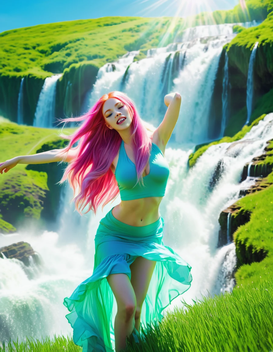 Ethereal beauty, a woman,with long pink hair, waterfalls defying gravity, a wolf, bright and sunny, Green field, realistic, vibrant , sexy.