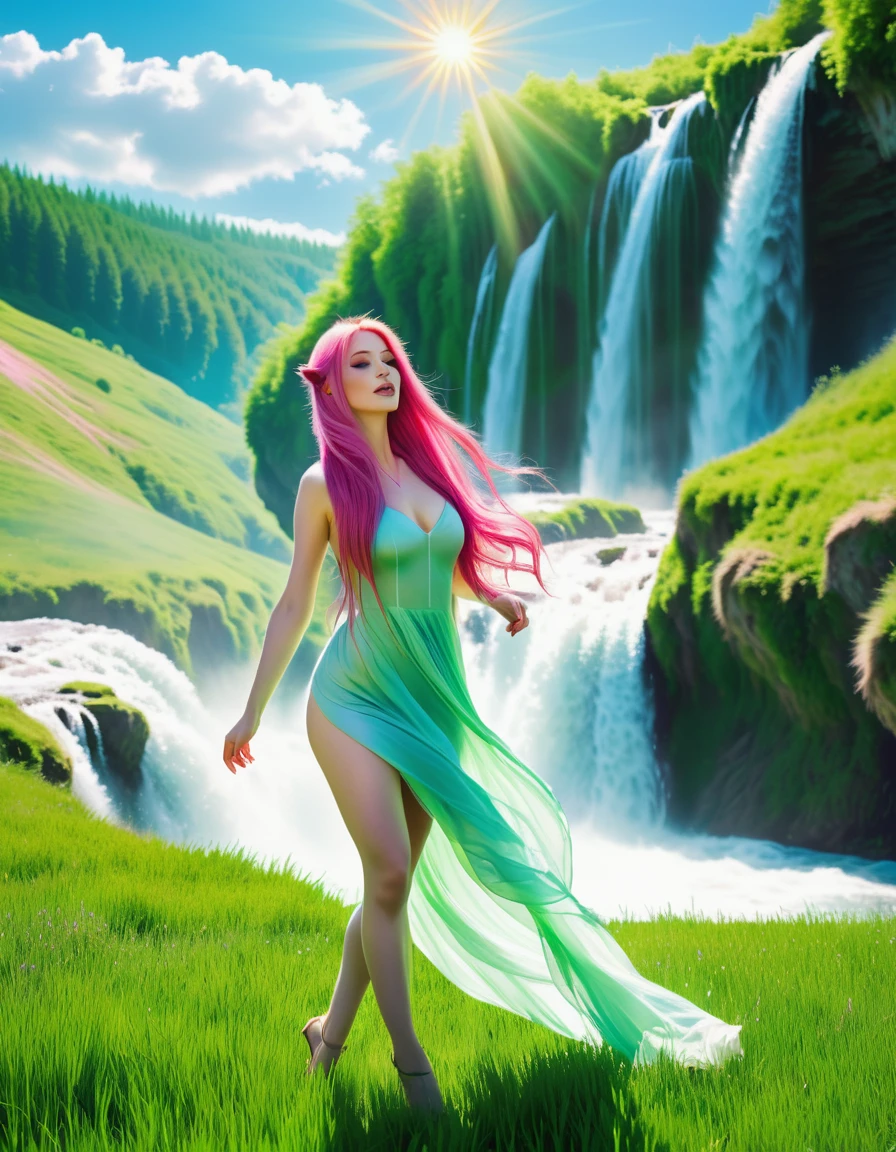 Protrait, photograph, androgynous hunnuman, oval jaw, delicate features, beautiful face,  hair, long bangs, long ponytail, bright blue eyes,  blonde, beautiful pose, nude body posing in candy landscape red waterfall. looking into viewers eyes, perfect accurate body, candy, treats, summer, blue, gold, black, silver, accurate hands, pink candy hair, (megan Fox:0.9) flower headband, (metart, femjoy:1.0) (greek temple waterfall)(playboy:1.0) (500px:1.5) (tree of life:1.4) misty, sandy (Taylor Swift:0.9)