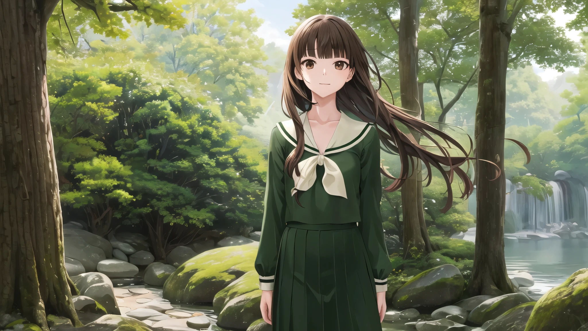 masterpiece, Highest quality, High resolution, aayoshino, , Slender, Long Hair, Twin Blade, Brown eyes, Hair that falls over the shoulders, , Sailor collar, neckerchief, Green Shirt, One piece sailor shirt, Long sleeve, Green Skirt, Long skirt, Are standing, Cowboy Shot, Outdoor, Person on the right, radiant face
