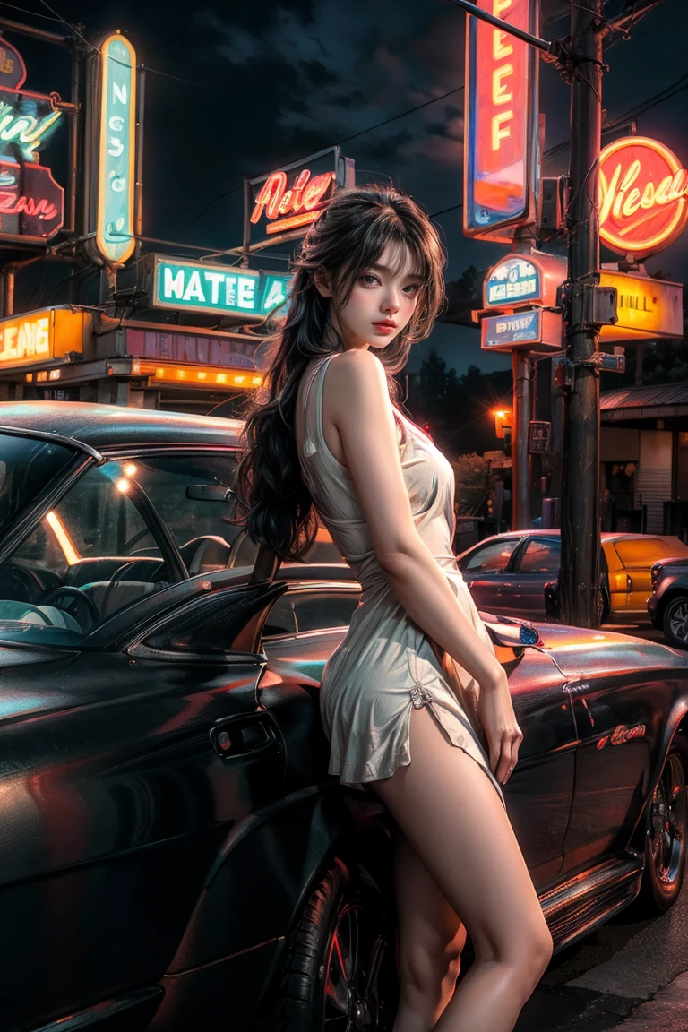 ((masterpiece, best quality, Highest image quality, high resolution, Reality, RAW photos, 8K)), Arav view from the motel，There was a car parked in front, with Neon lights, A naked woman is waiting for customers in front of a motel., , Exposed short skirt with high heels, Open your legs，Roll up your skirt, Route 6 6, Neon lights, Traveling in the United States in the 1950s, some have Neon lights, 外面的Neon lights, Neon lights, gigantic Neon lights, Neon lights商店, By Arnie Swecker, few Neon lights, Neon lights in background,