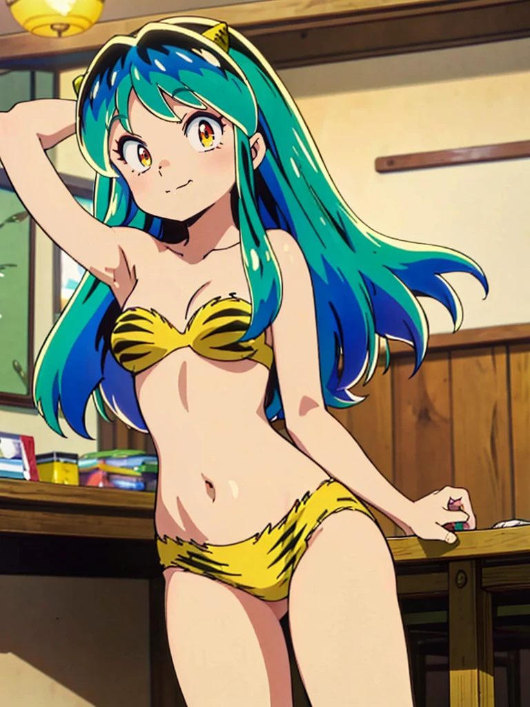 masterpiece, Highest quality, 1 Girl, Lum, Lum_比基尼, anime, Charm, 18-year-old,  Are standing,  High definition, From before, Green Hair, smile, 1980年代animeスタイル
