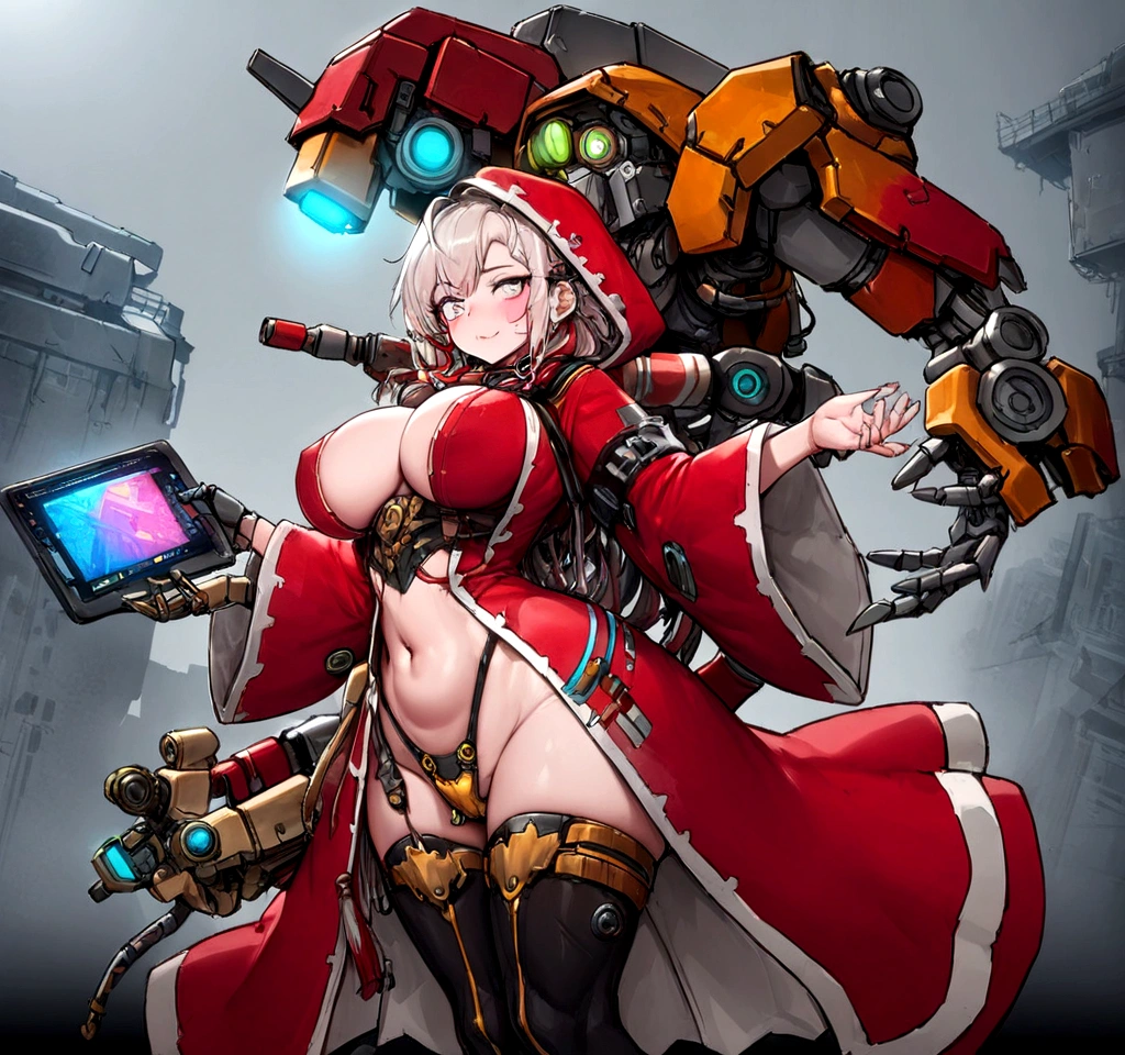 very big tits ((Masterpiece, The best quality)), illustration, 8K ultra detailed, realist, clear focus, Very detailed, Professional lighting, colorful details, Rainbow color break, high rise factory, large mechanical robot structure, tablet, computer, ((glow)), intricate details, shitu-mecha, 1 girl, mecha, belly button, color image, (cyberpunk), (redder hair: 1.2) big tits very sexy very big tits extremely big tits big cameltoe cameltoe cameltoe big cameltoe big,yellow red hair,Yellow hair, ((techpriest)), mechanical arms, obtained mechanic, Big fully naked. ((washed up red flowing modest ornate hooded technopriest dress, Dirty (red robes with oil stain)))