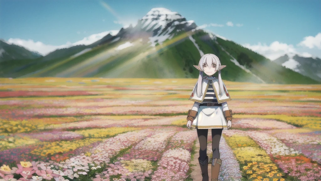 masterpiece,high quality,alone,
smile,Part your lips,
Freezing,1 Elf Girl,
Capelet,Jacket,Striped shirt,
belt,skirt,
pantyhose,
boots,
flower,Wind,sunlight,Blurry,
whole body,flower field,flower弁,cloud,Mountain,